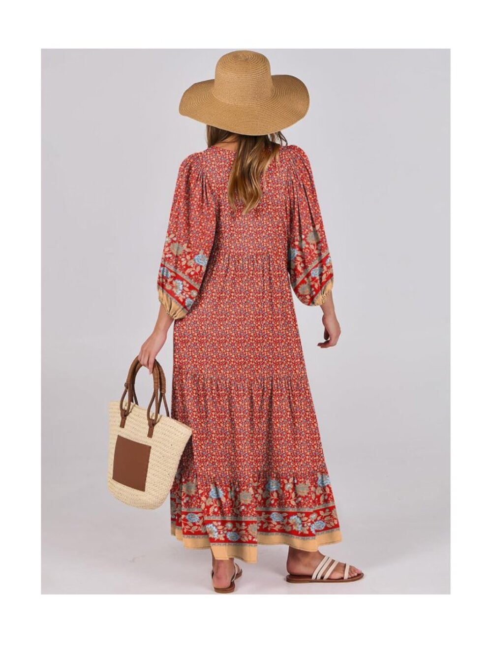 Red Floral Long Sleeve Button Front Maxi Dress 2XL - Picture 2 of 12